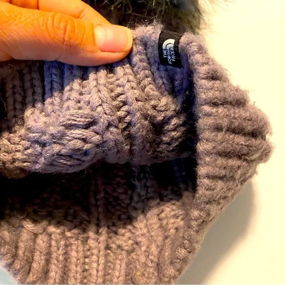 The North Face Cable Knit Hat Purple Gray Youth Juniors Oh Mega Puff Fur Ball S